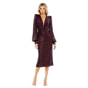 Mac Duggal 26866 Magenta Sequin Long Sleeve Plunge Midi Dress Size 8 $398